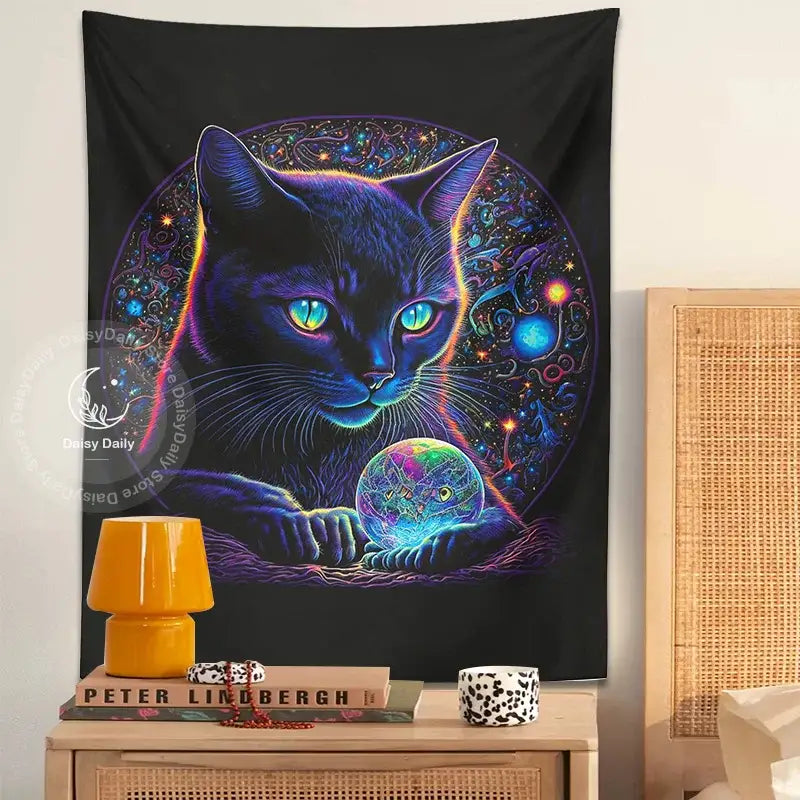 Mystical neon black cat tapestry bedroom cosmic wall art