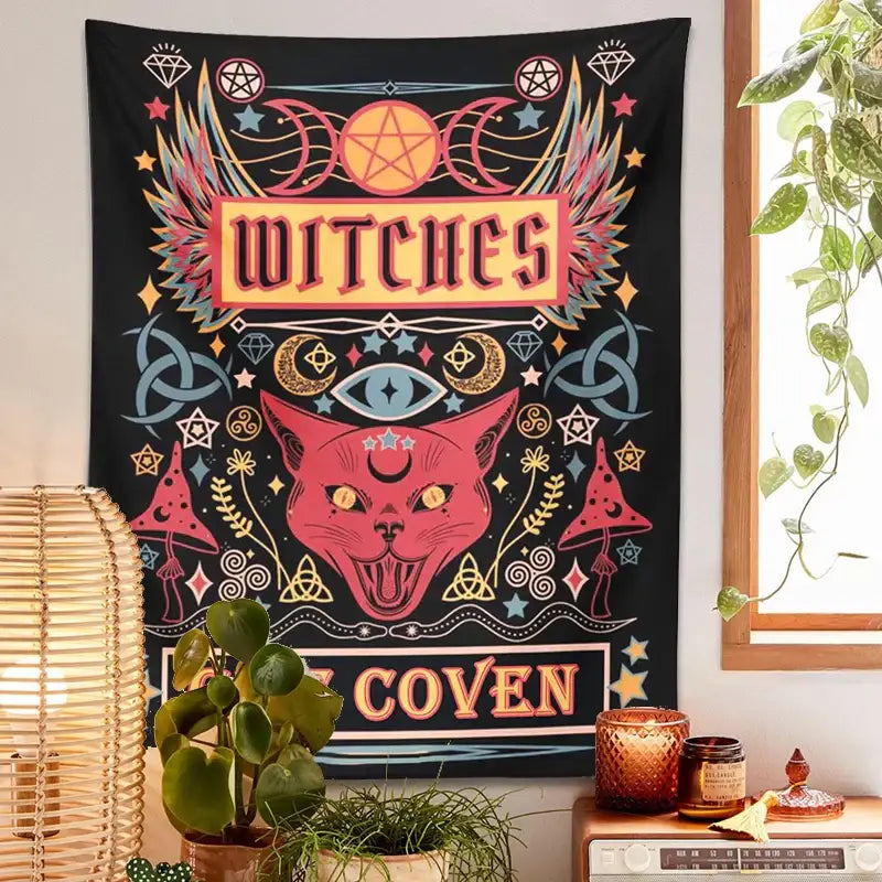 Mystical pink cat witchcraft tapestry bedroom wall decor