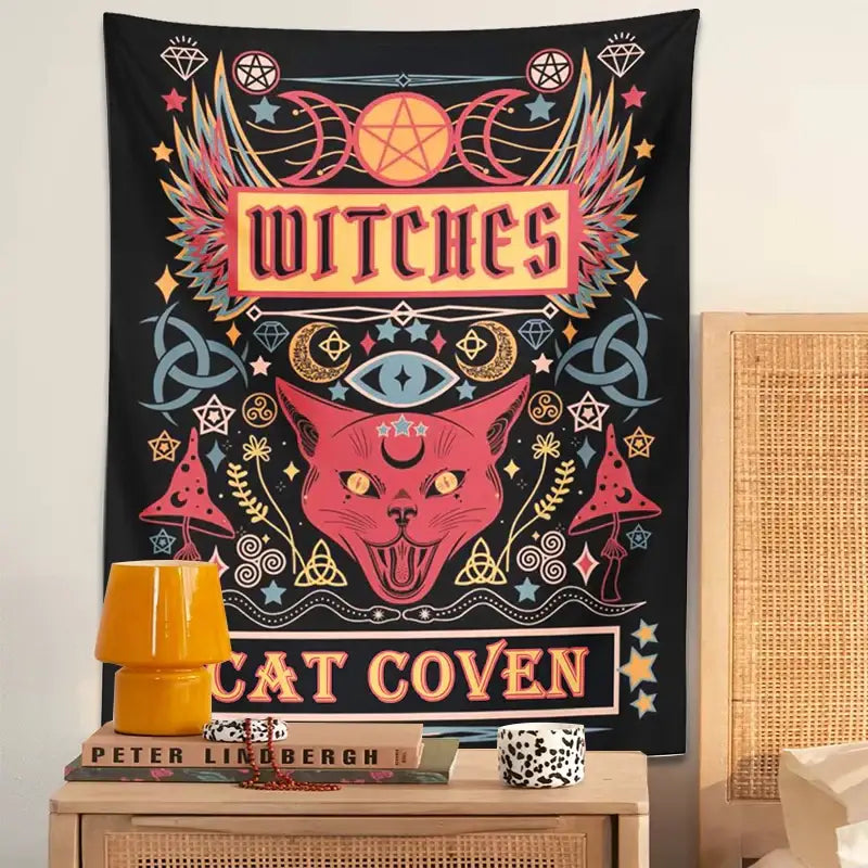 Mystical pink cat witchcraft tapestry bedroom wall decor
