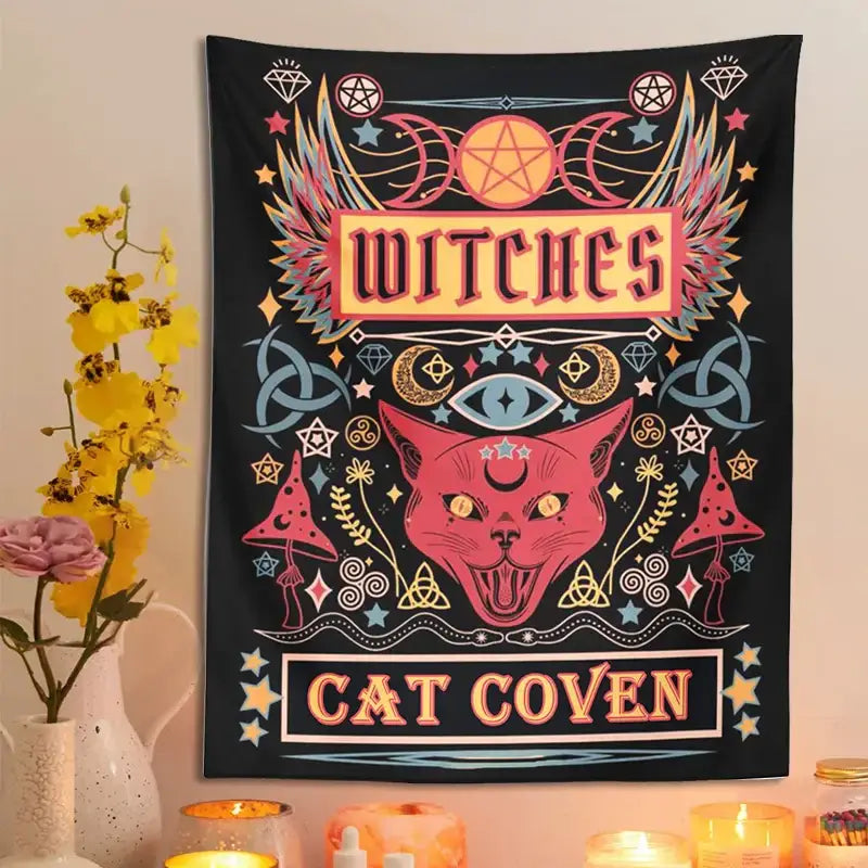 Mystical pink cat witchcraft tapestry bedroom wall decor