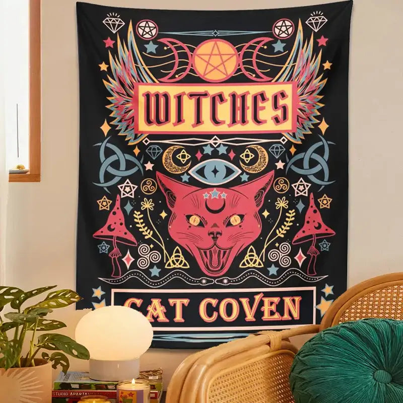 Mystical pink cat witchcraft tapestry bedroom wall decor