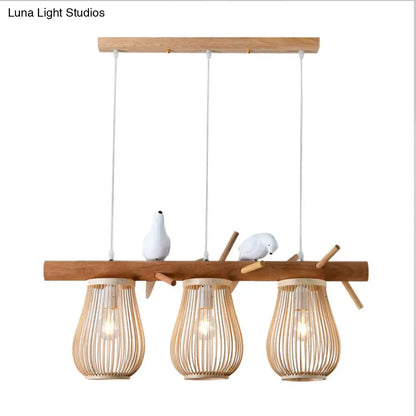 Natural bamboo barrel pendant lights dining room island two lanterns
