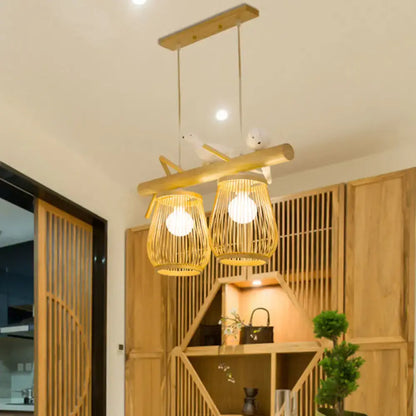 Natural bamboo barrel pendant lights dining room island two lanterns