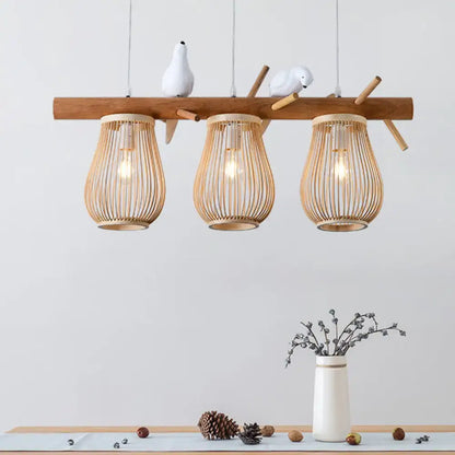 Natural bamboo barrel pendant lights dining room island two lanterns