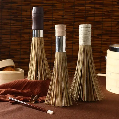 Natural bamboo pot brush set with wood and twine wraps for kitchen