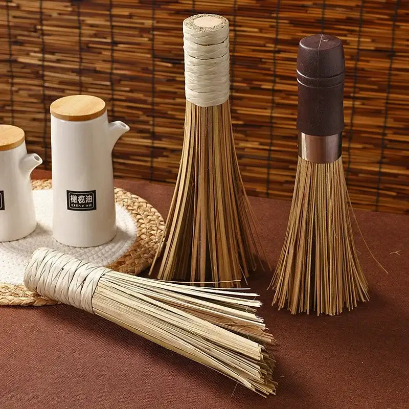 Natural bamboo pot brush set with wood and twine wraps for kitchen
