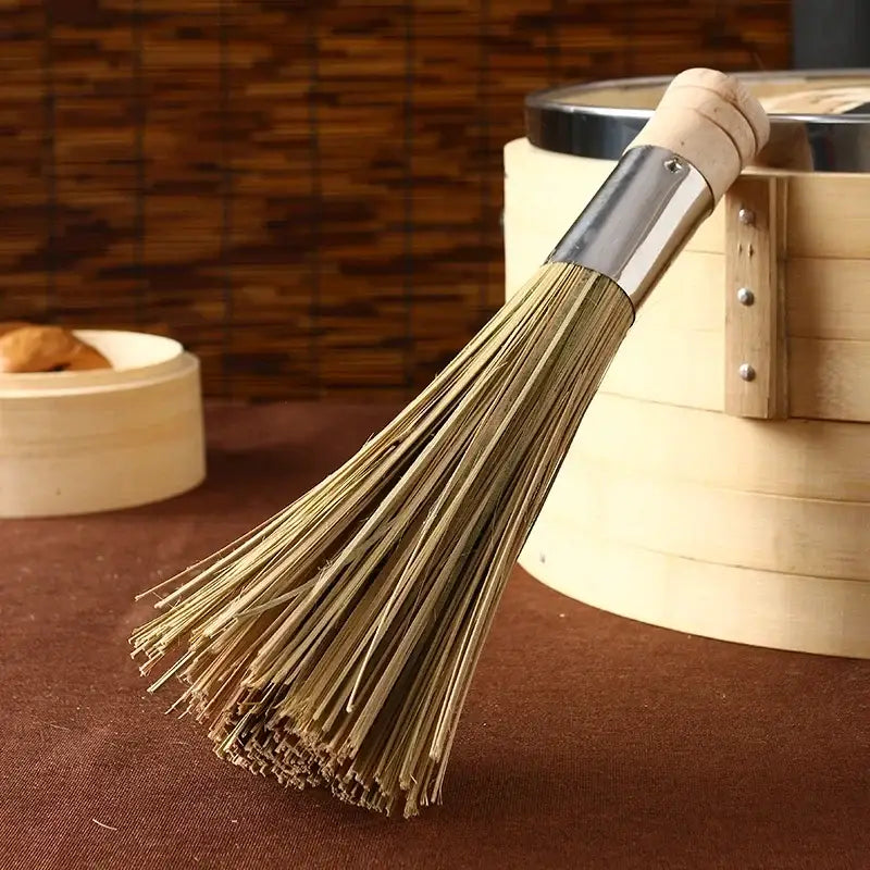 Natural bamboo pot brush set with wood and twine wraps for kitchen