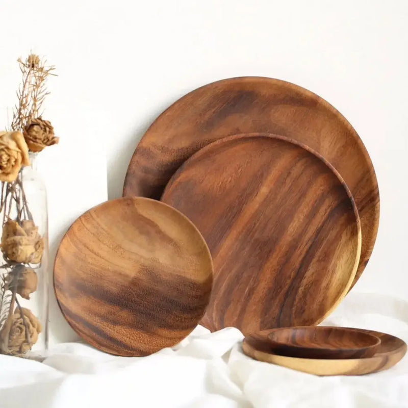 Natural beech wooden round plate set of 3 kitchen and dining room