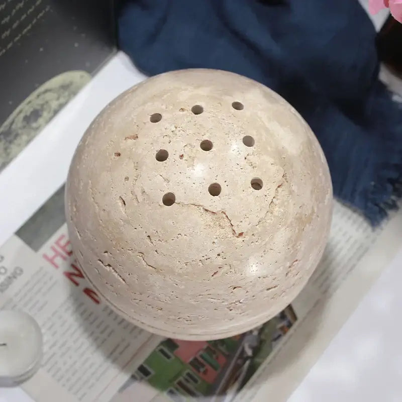 Natural beige travertine sphere incense burner living room decor