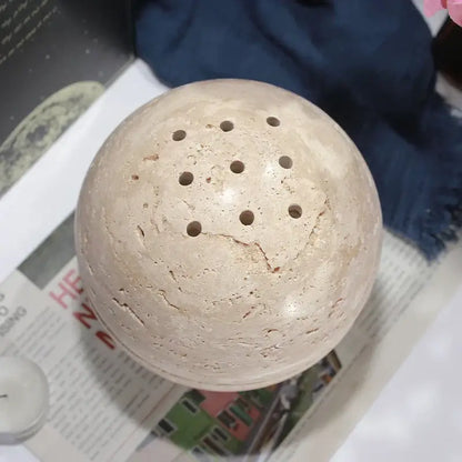 Natural beige travertine sphere incense burner living room decor