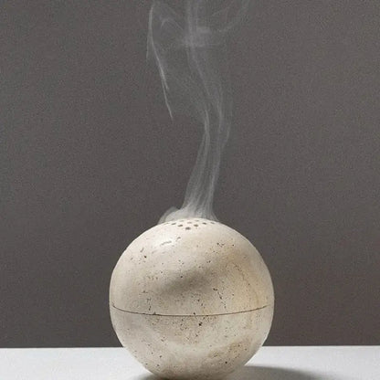 Natural beige travertine sphere incense burner living room decor