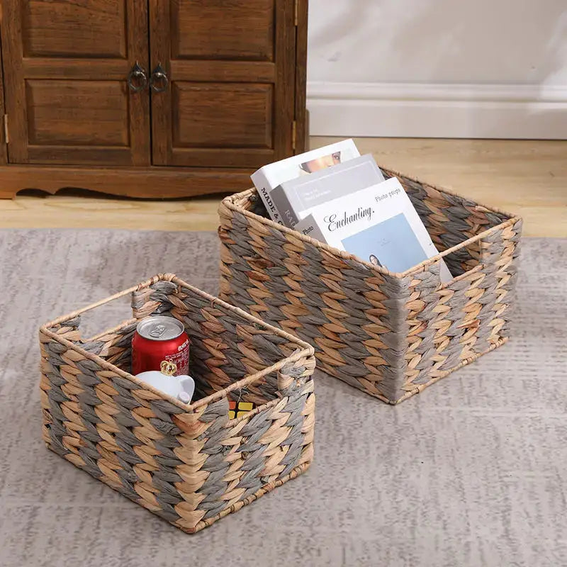 Natural brown & gray woven rattan storage basket set office organizer