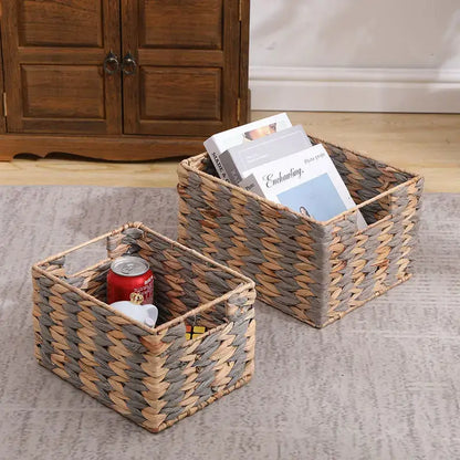 Natural brown & gray woven rattan storage basket set office organizer