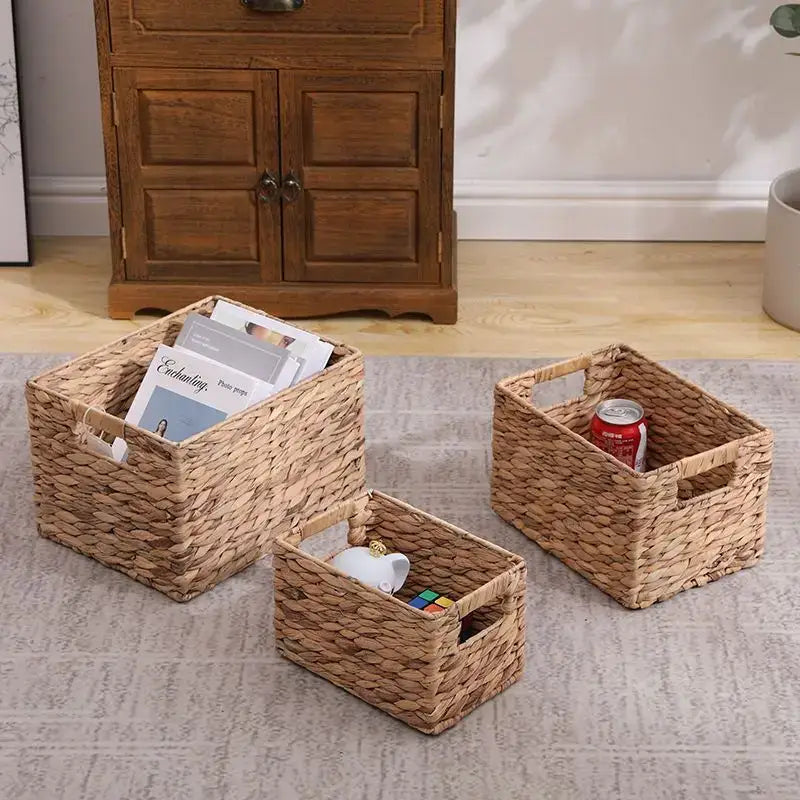 Natural brown & gray woven rattan storage basket set office organizer