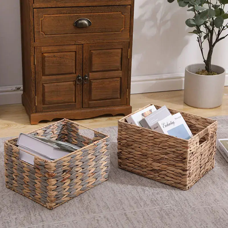 Natural brown & gray woven rattan storage basket set office organizer