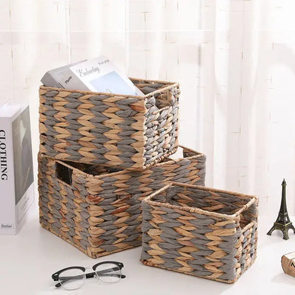 Natural brown & gray woven rattan storage basket set office organizer