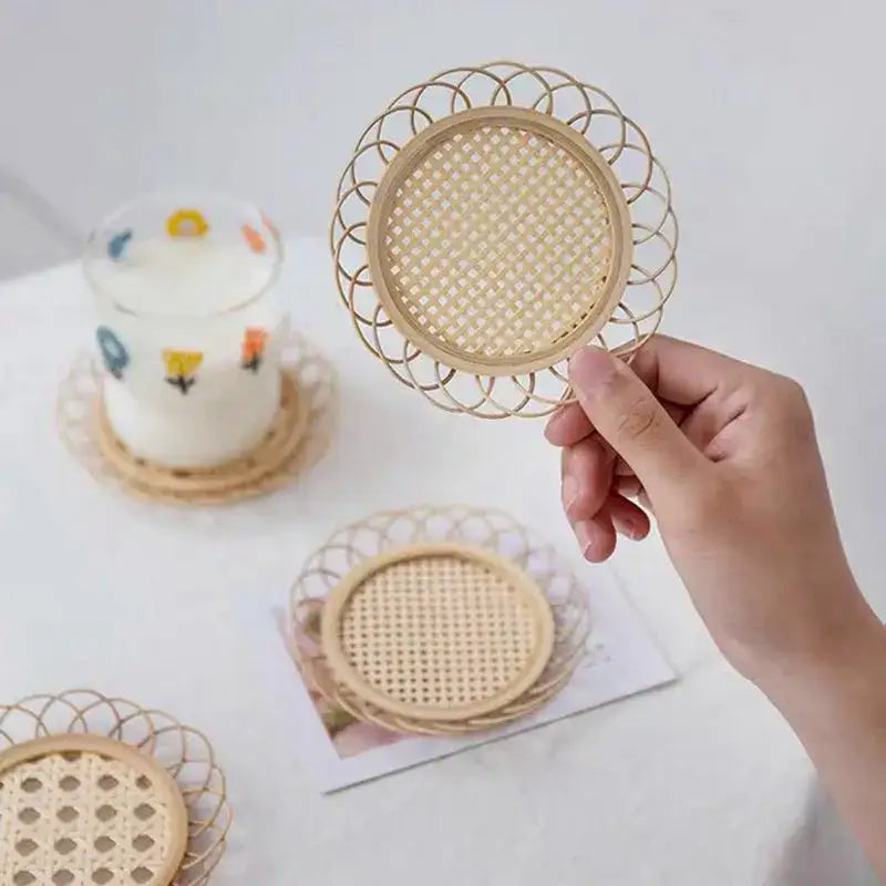 Natural lace bamboo woven coasters and storage basket set dining room