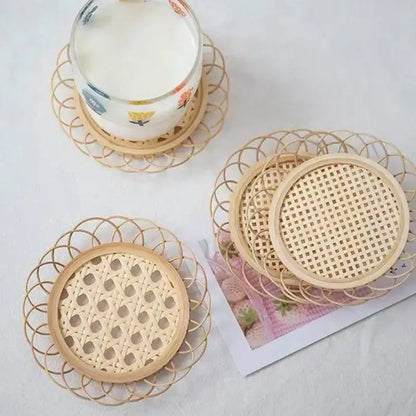 Natural lace bamboo woven coasters and storage basket set dining room