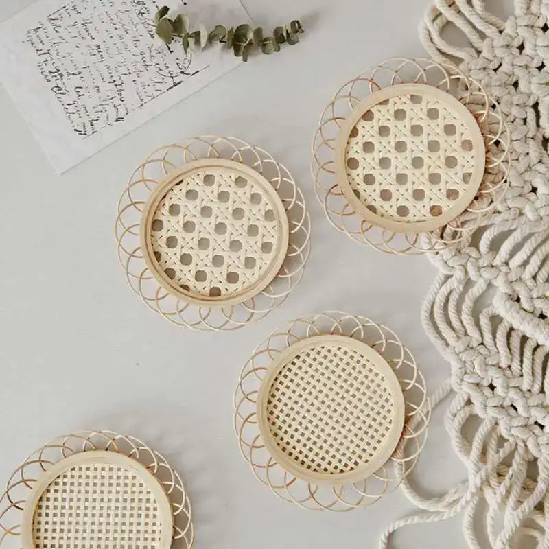 Natural lace bamboo woven coasters and storage basket set dining room