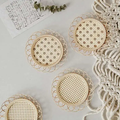 Natural lace bamboo woven coasters and storage basket set dining room