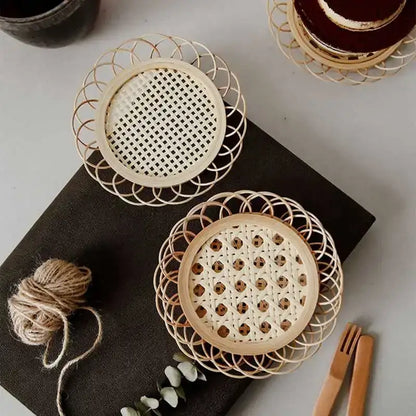 Natural lace bamboo woven coasters and storage basket set dining room