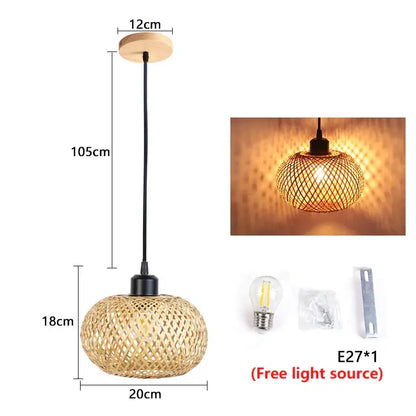 Natural lattice bamboo rattan pendant chandelier dining room lighting
