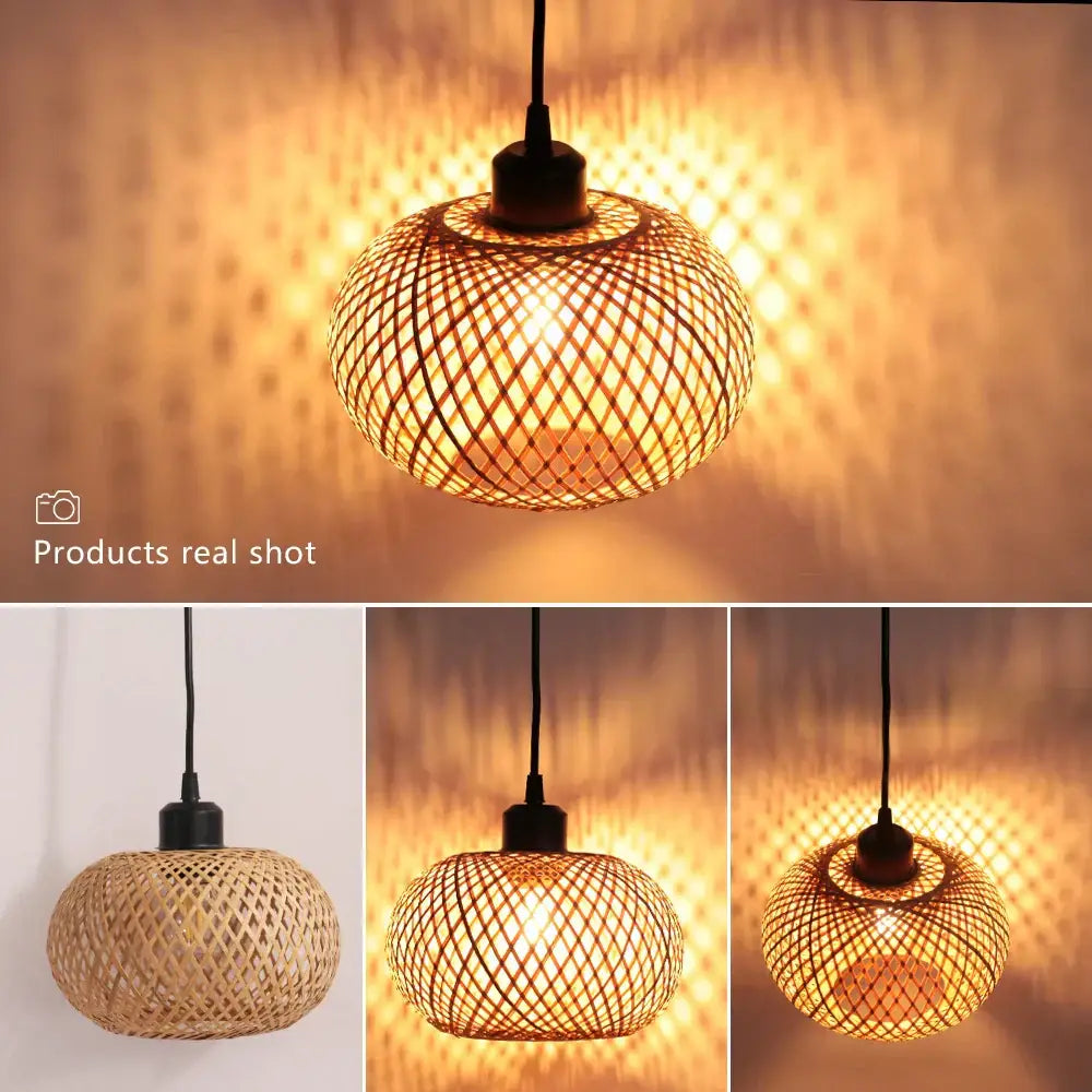 Natural lattice bamboo rattan pendant chandelier dining room lighting