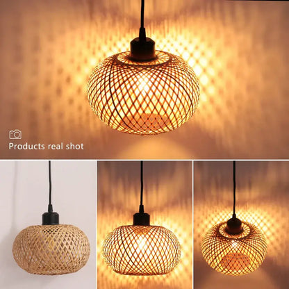 Natural lattice bamboo rattan pendant chandelier dining room lighting