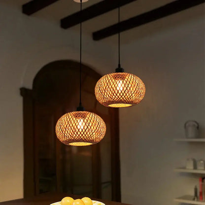 Natural lattice bamboo rattan pendant chandelier dining room lighting
