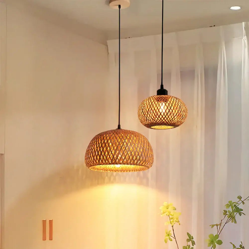 Natural lattice bamboo rattan pendant chandelier dining room lighting