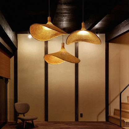 Natural light brown bamboo wicker chandelier dining room pendant light