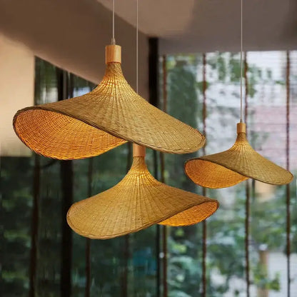 Natural light brown bamboo wicker chandelier dining room pendant light