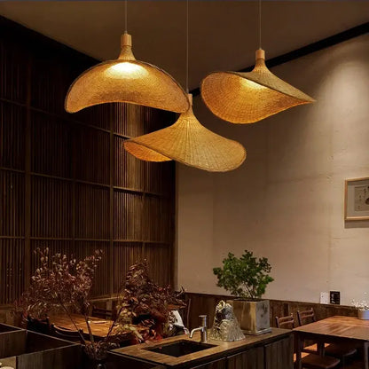 Natural light brown bamboo wicker chandelier dining room pendant light