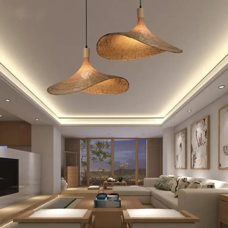 Natural light brown bamboo wicker chandelier dining room pendant light