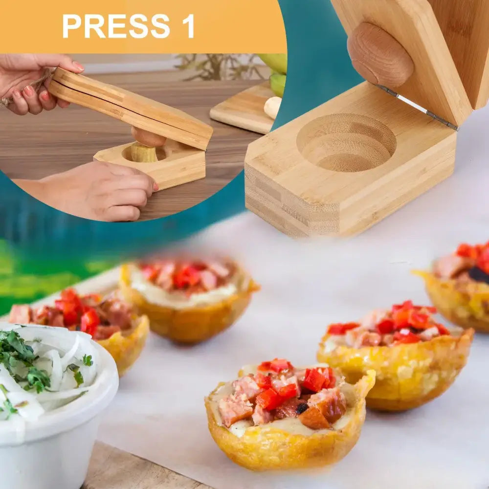 Natural light wood banana smasher and meatball maker kitchen tool