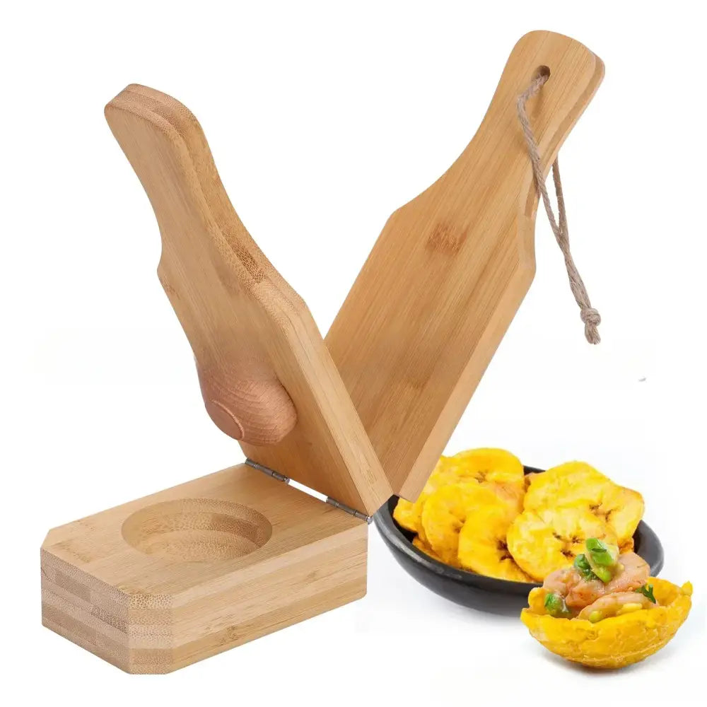 Natural light wood banana smasher and meatball maker kitchen tool