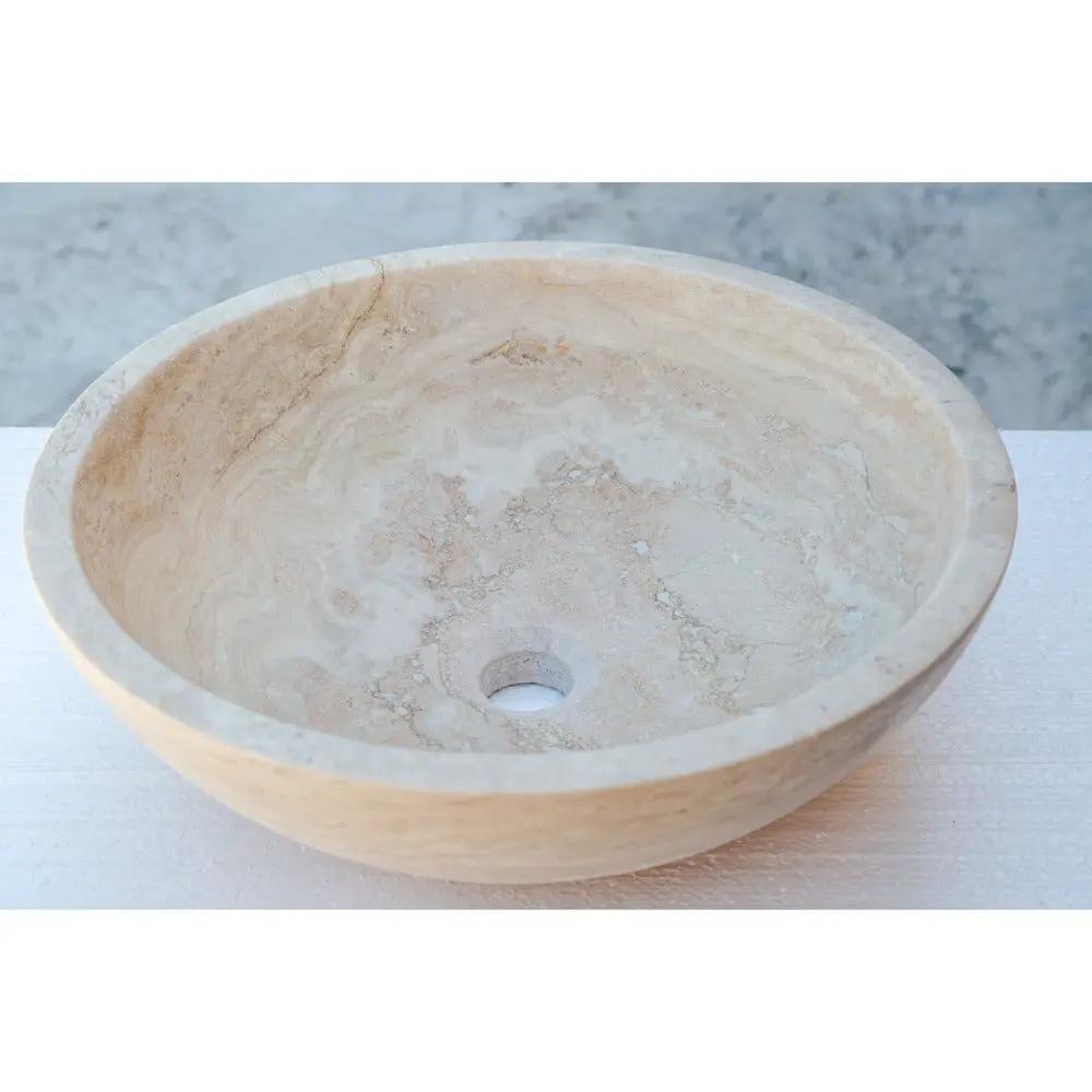 Beige Natural Travertine Stone Round Vessel Bathroom Sink 18 Inch Honed