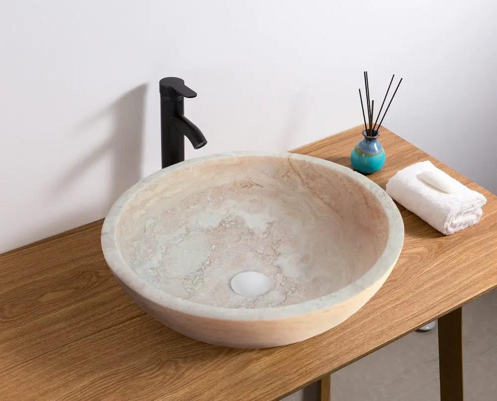 Beige Natural Travertine Stone Round Vessel Bathroom Sink 18 Inch Honed