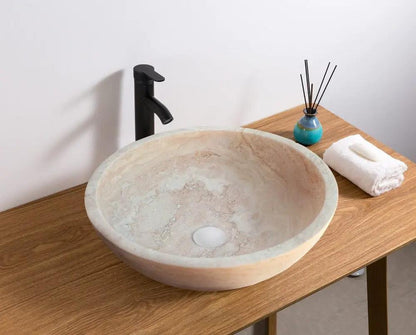 Beige Natural Travertine Stone Round Vessel Bathroom Sink 18 Inch Honed