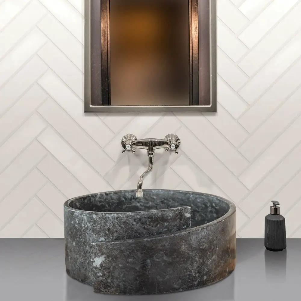 Handcrafted Black Marble Round Vessel Sink For Bathroom