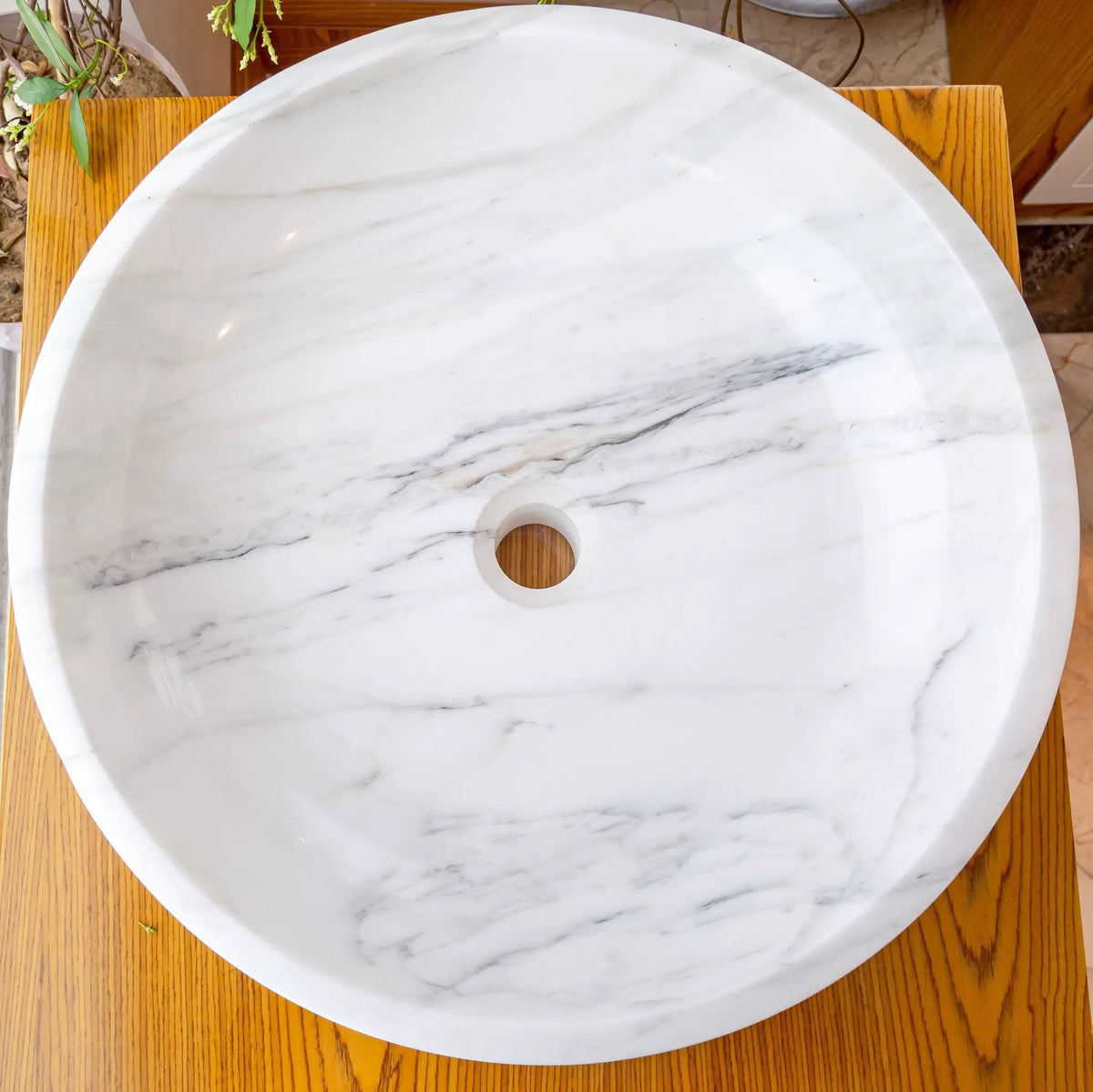 Calacatta White Marble Hand Carved Round Vessel Sink 19 Polished