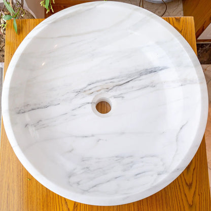 Calacatta White Marble Hand Carved Round Vessel Sink 19 Polished