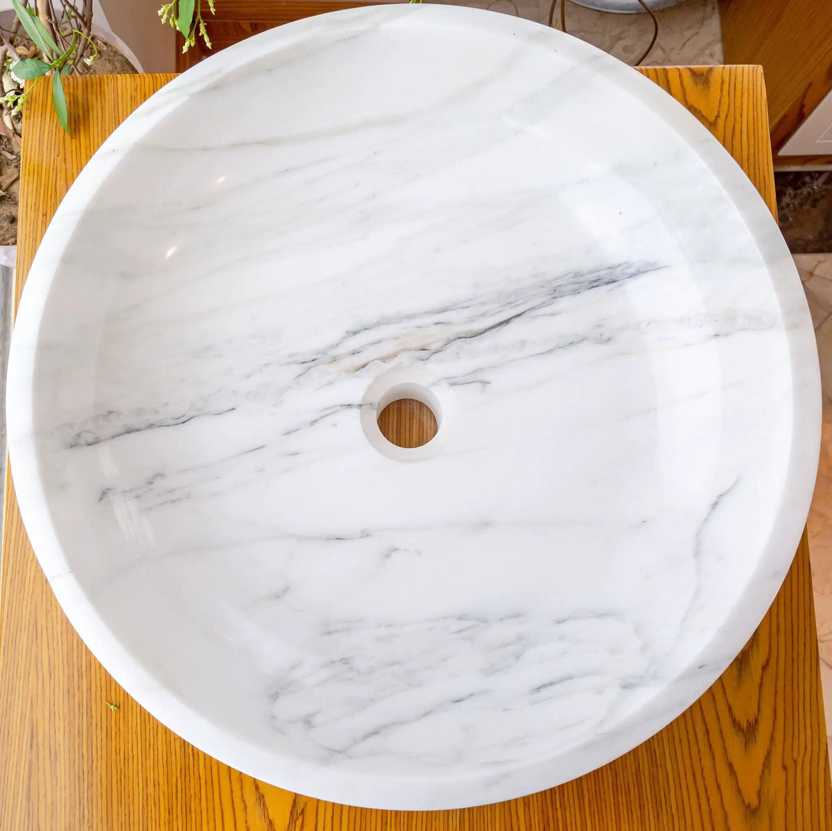 Calacatta White Marble Hand Carved Round Vessel Sink 19 Polished