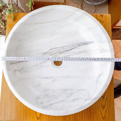 Calacatta White Marble Hand Carved Round Vessel Sink 19 Polished