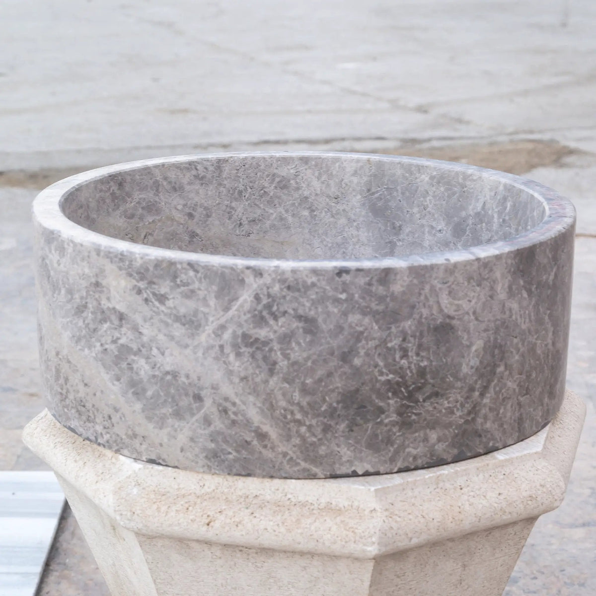 Natural Stone Tundra Grey Marble Round Polished Vessel Bathroom Sink 16.5 Inch