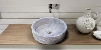 Natural Stone Tundra Grey Marble Round Polished Vessel Bathroom Sink 16.5 Inch
