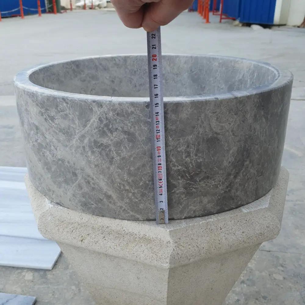 Natural Stone Tundra Grey Marble Round Polished Vessel Bathroom Sink 16.5 Inch