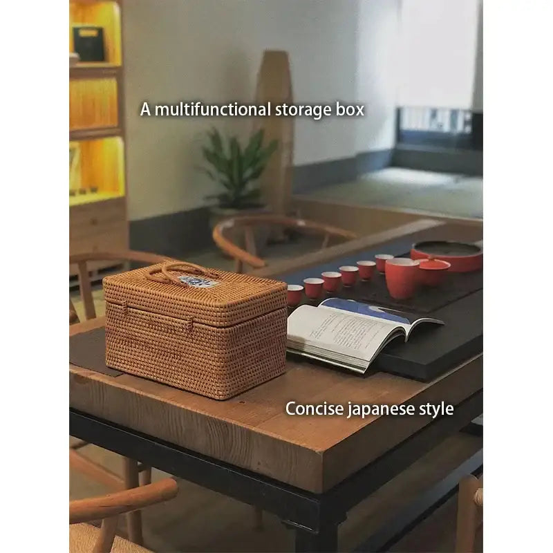 Natural tan handwoven rattan storage box with ceramic lid kitchen case