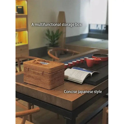 Natural tan handwoven rattan storage box with ceramic lid kitchen case