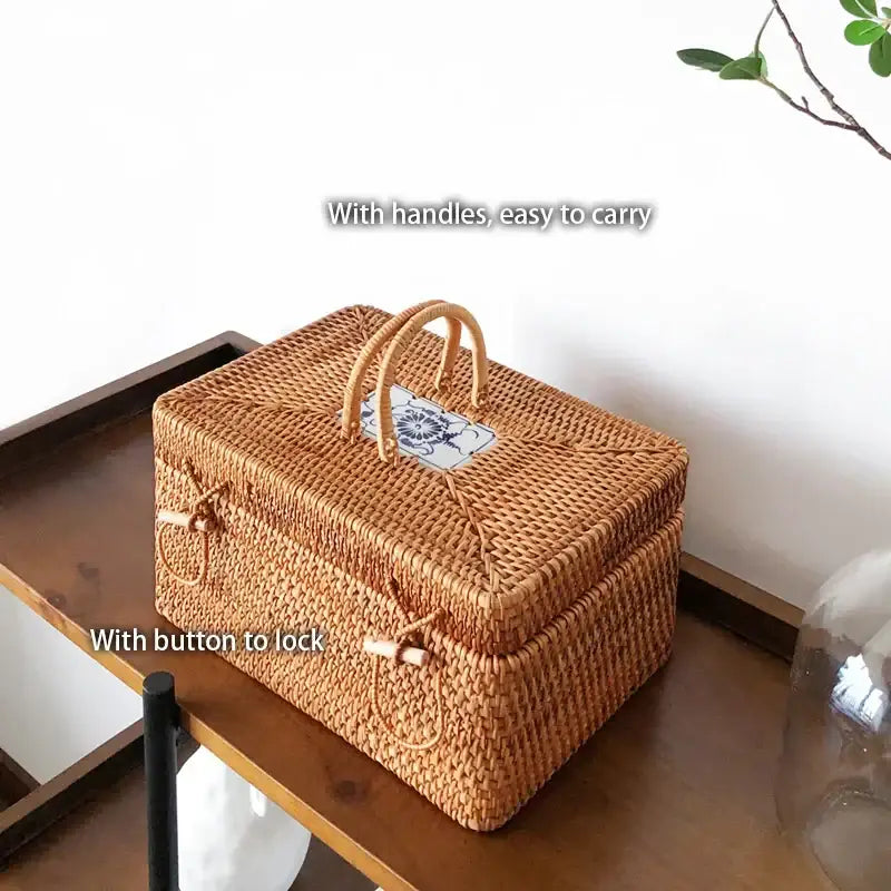 Natural tan handwoven rattan storage box with ceramic lid kitchen case